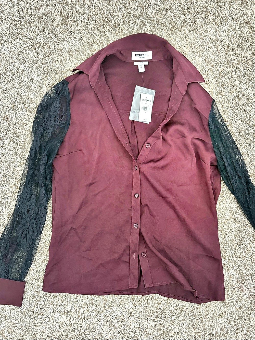 Express Portofino Lace Sleeve Shirt Blouse Purple & Black Small NWT